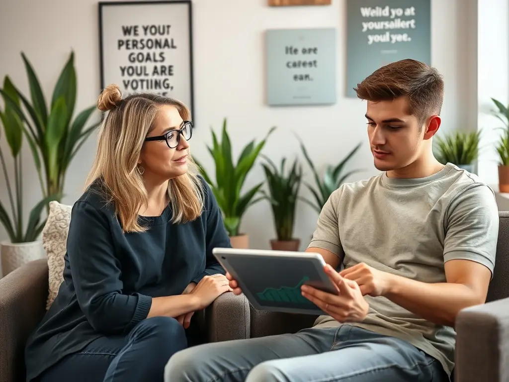 A coach and client in a focused one-on-one session, discussing personal goals.