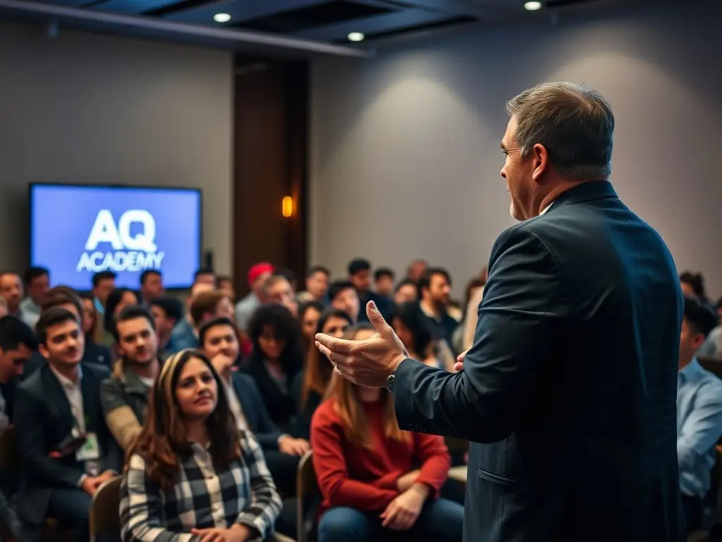 A dynamic speaker engaging with a captivated audience during a motivational speaking event.