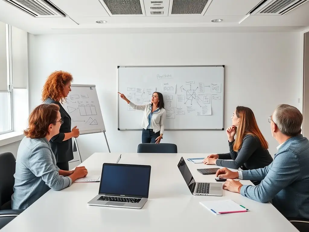 A group of professionals engaged in a workshop, collaborating and learning new skills.