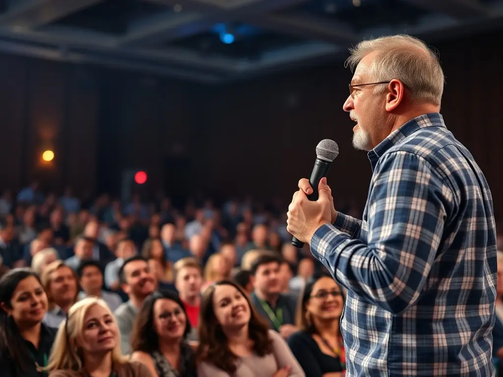 A dynamic speaker passionately engaging with a large audience during a motivational speaking event.
